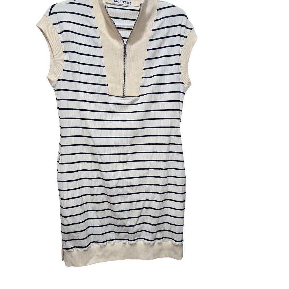 Striped Shirt Dress Medium Cream Black Zip Front Casual Dress